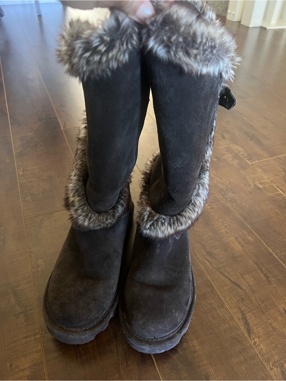 BEARPAW Tall Suede Winter Boots with Faux Fur Trim & Buckle - Size 8